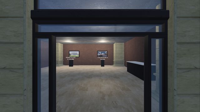 The realtor's window, property listings on screens inside
